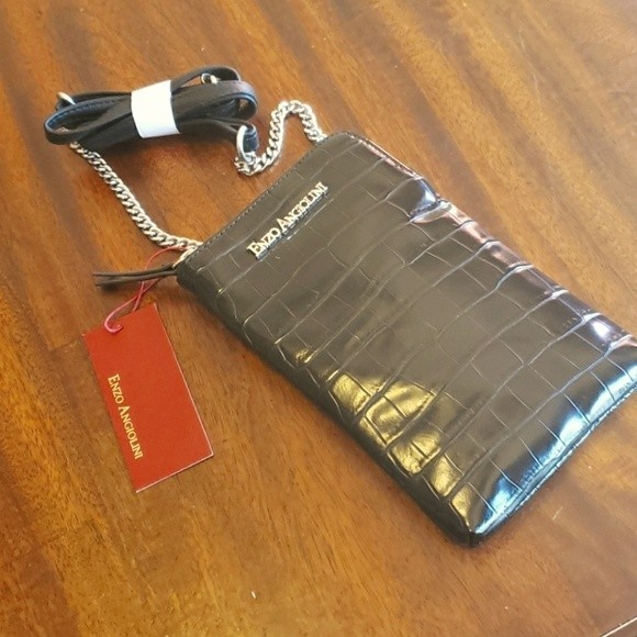 NWT Enzo Angiolini crossbody phone wallet FAUX Snake-skin Black - Picture 1 of 7